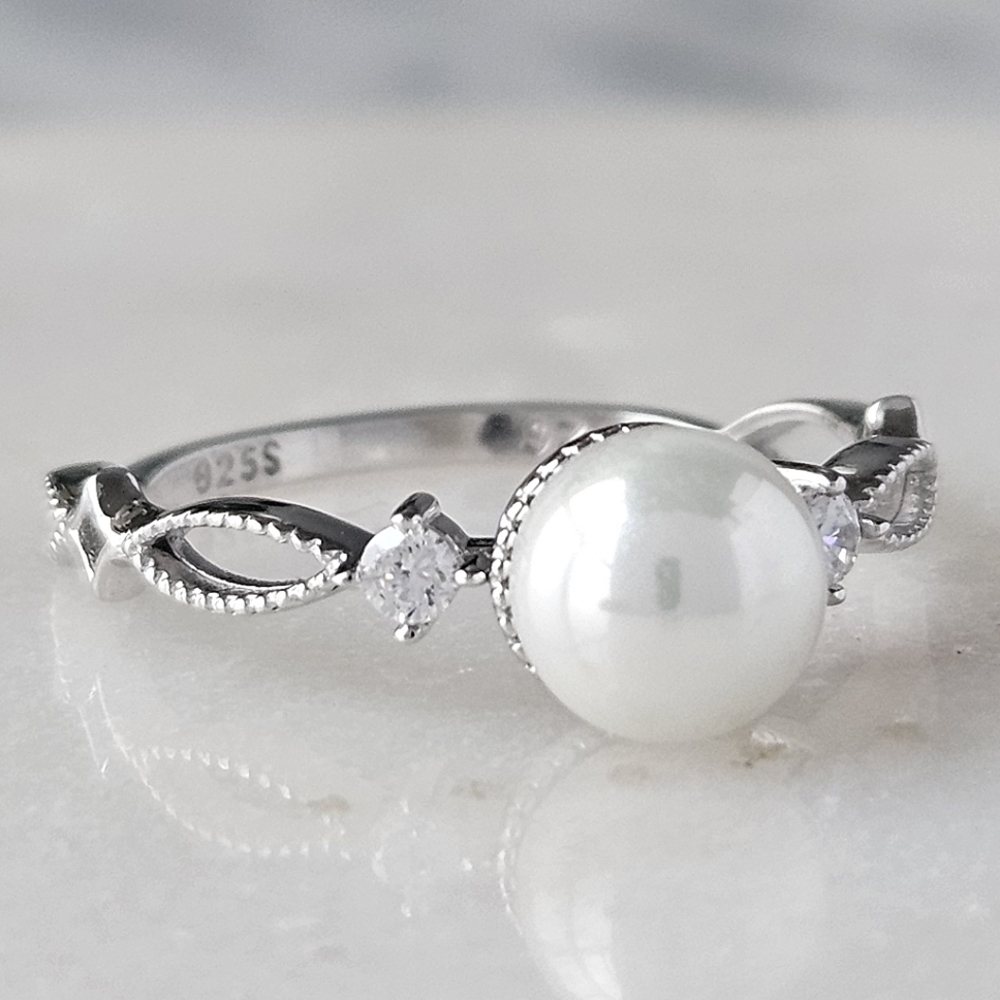 Dainty Pearl Ring, 925 Sterling Silver Charmed Aroma
